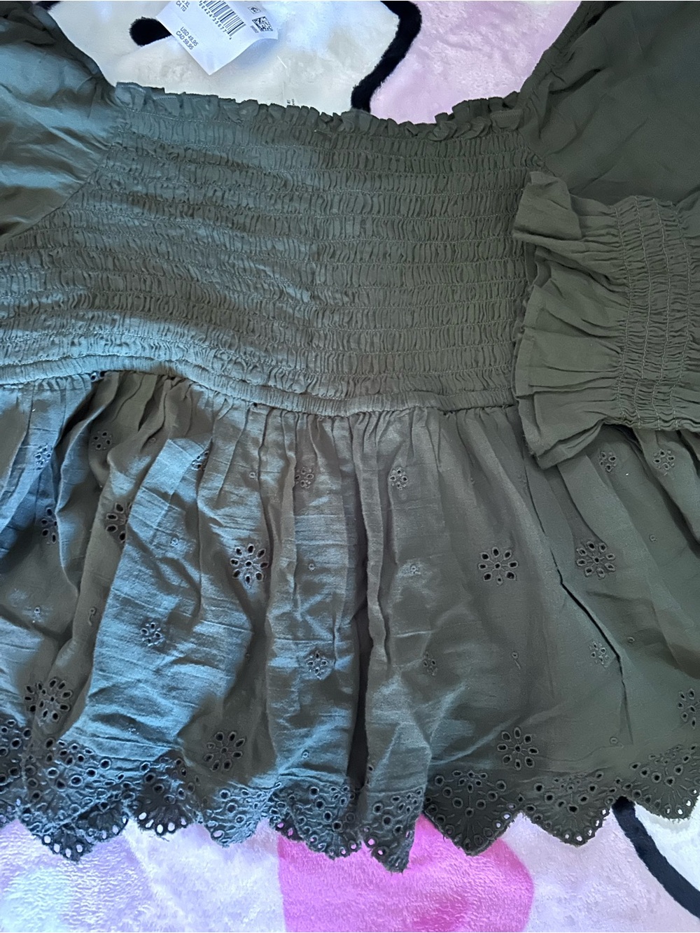 American Eagle Outfitters Olive Green Smocked Eyelet Peasant Top - Picture 2 of 6